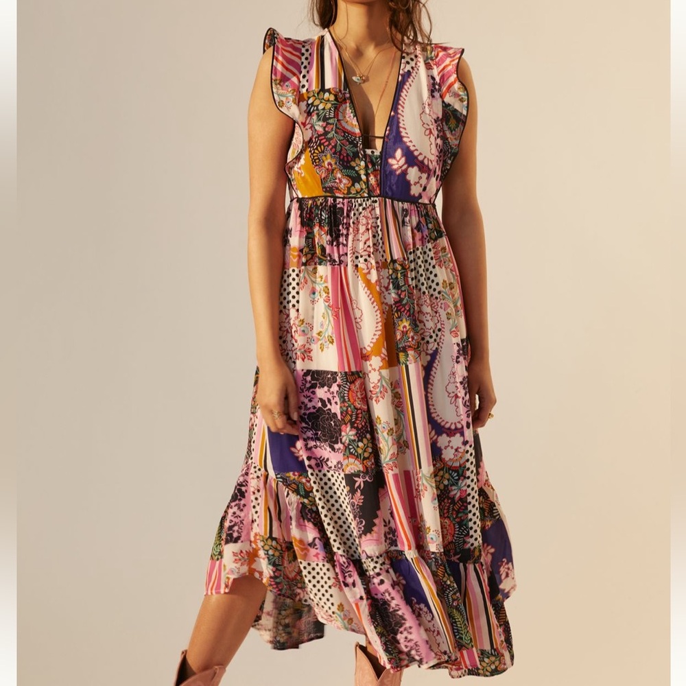 Anthropologie ruffled patchwork midi dress